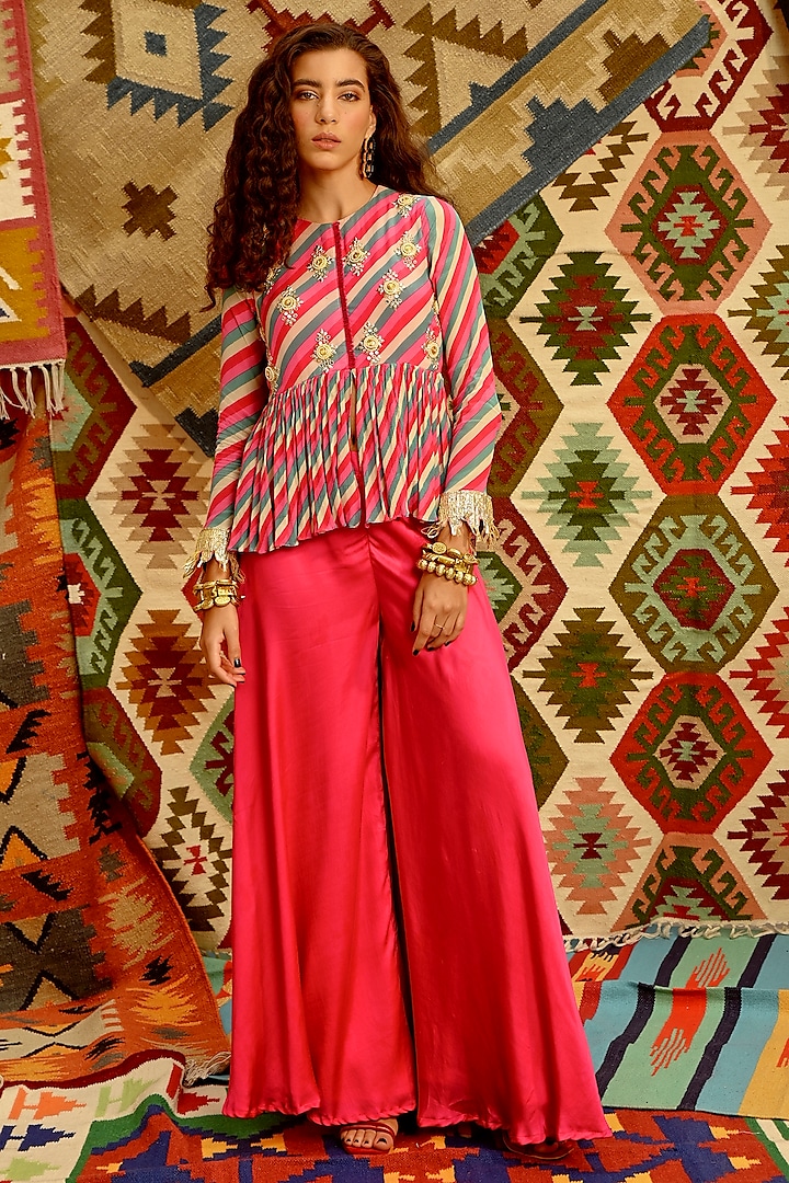 Hot Pink Wrinkle Crepe Leheriya Printed & Floral Embroidered Tunic Set by Pallavi Jaipur