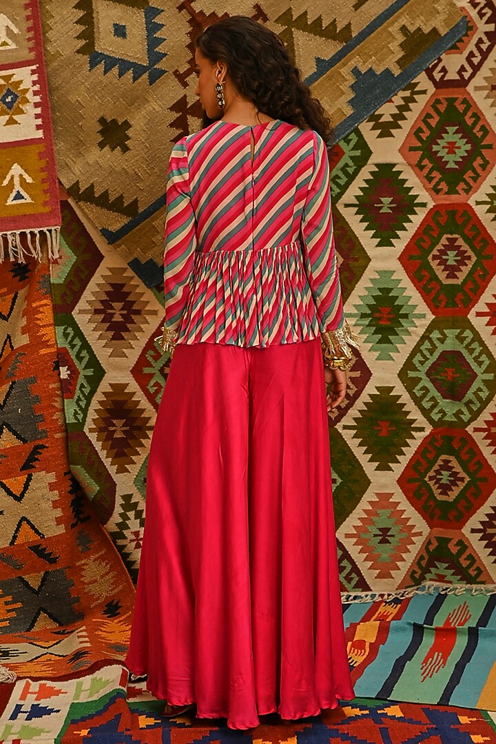 Hot Pink Wrinkle Crepe Leheriya Printed & Floral Embroidered Tunic Set by Pallavi Jaipur at Pernia's Pop Up Shop