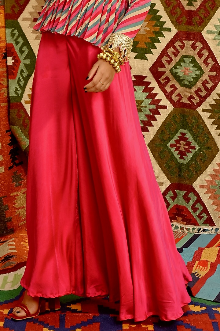 Hot Pink Wrinkle Crepe Leheriya Printed & Floral Embroidered Tunic Set by Pallavi Jaipur at Pernia's Pop Up Shop