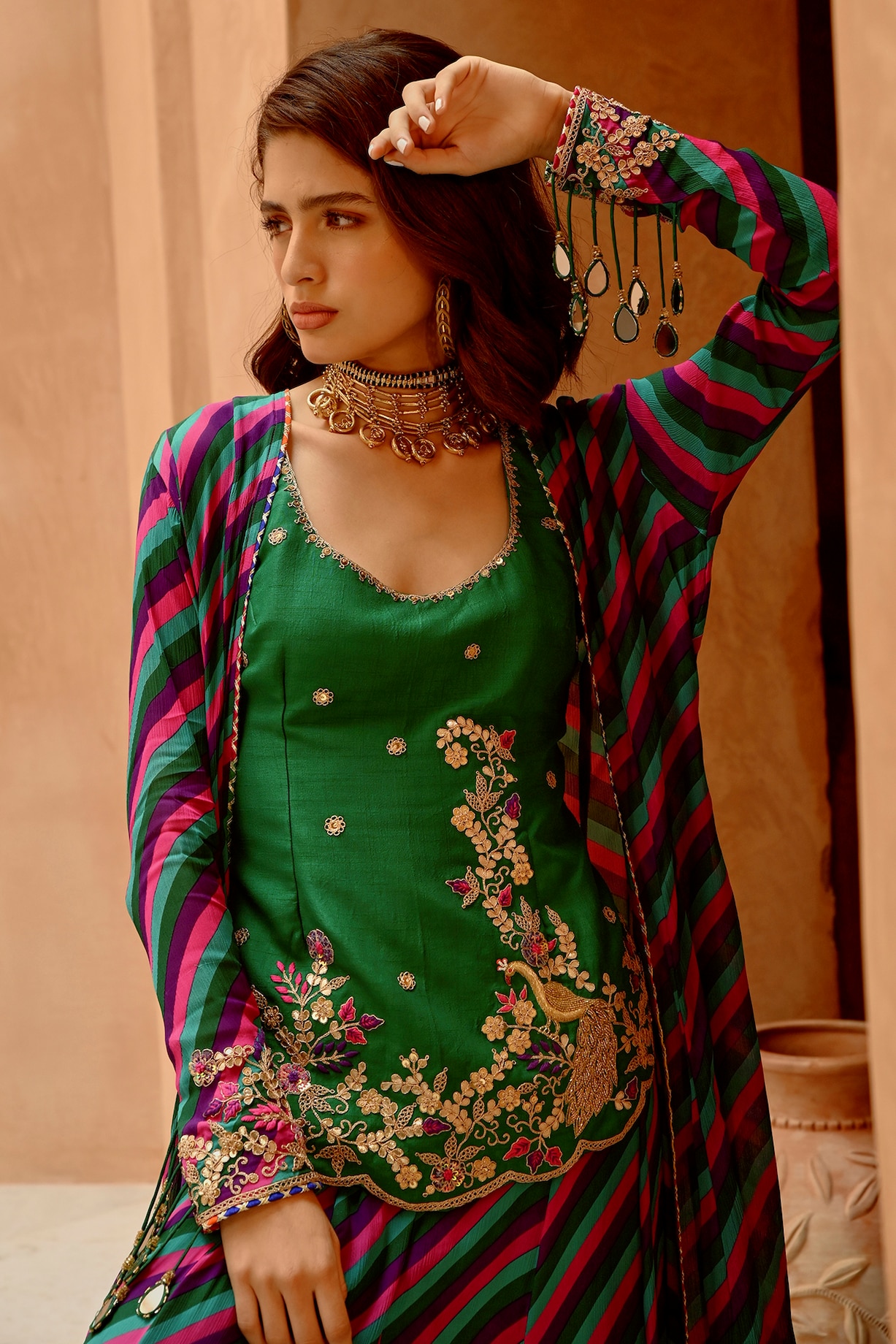 Multi-Colored Wrinkle Crepe Leheriya Printed Sharara Set by