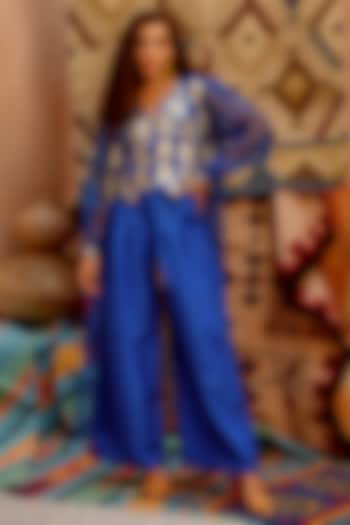 Azure Blue Tussar Silk Pant Set by Pallavi Jaipur
