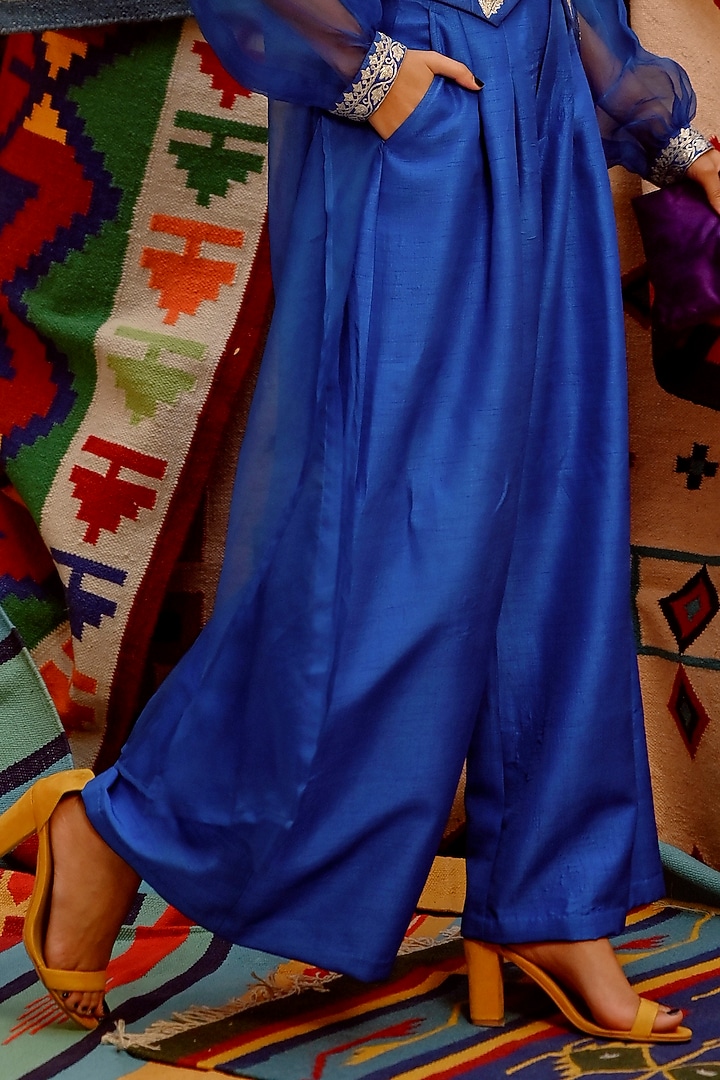 Azure Blue Tussar Silk Pant Set by Pallavi Jaipur at Pernia's Pop Up Shop