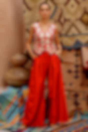Chill Red Tussar Silk Jama Pittan Work Waistcoat Set by Pallavi Jaipur