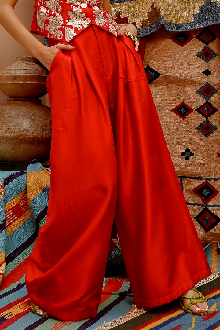Chill Red Tussar Silk Jama Pittan Work Waistcoat Set by Pallavi Jaipur at Pernia's Pop Up Shop