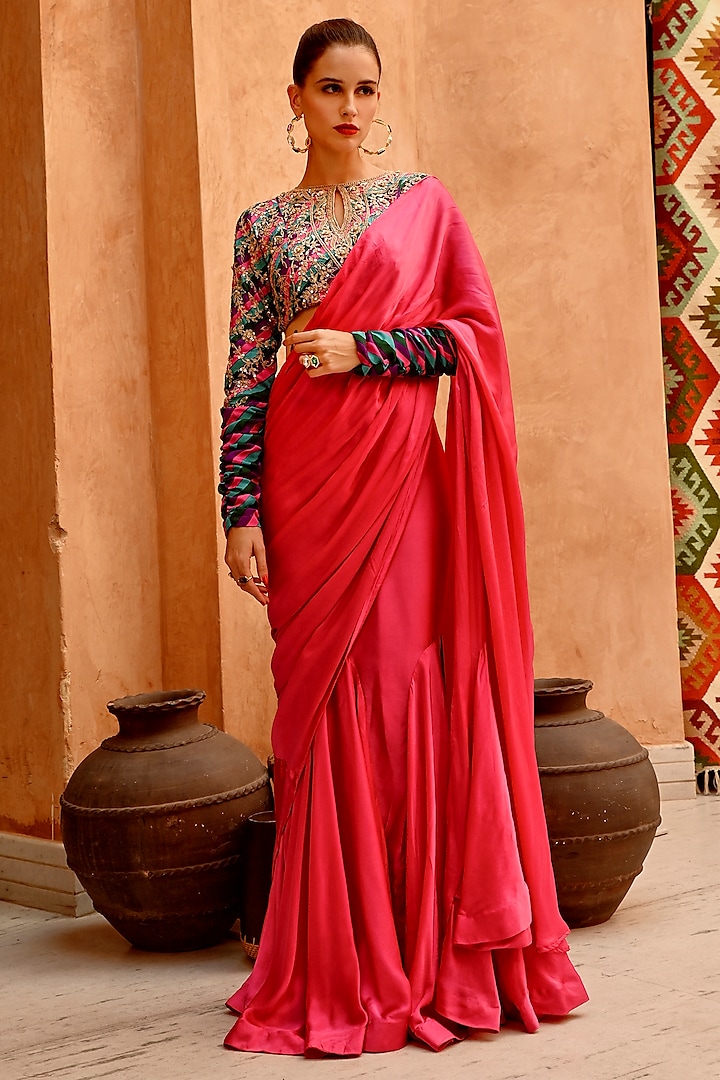 Hot Pink Silk Blend Draped Saree Set by Pallavi Jaipur