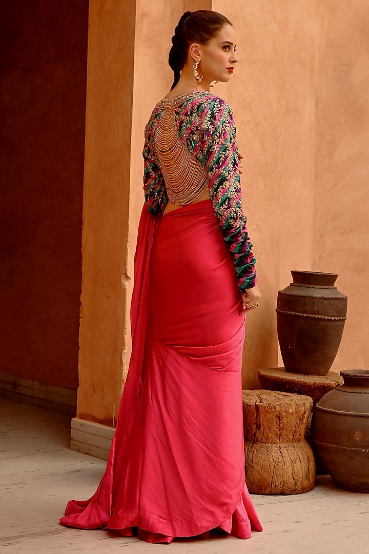 Hot Pink Silk Blend Draped Wedding Saree Set by Pallavi Jaipur at Pernia's Pop Up Shop