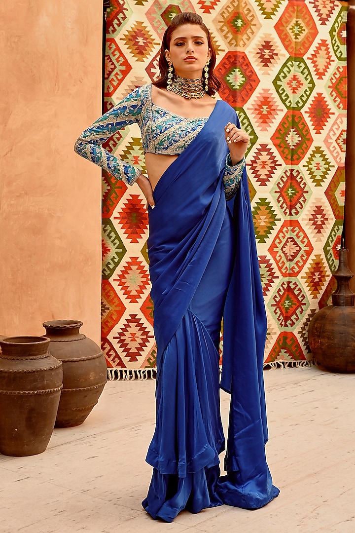 Cobalt Blue Silk Blend Draped Saree Set by Pallavi Jaipur