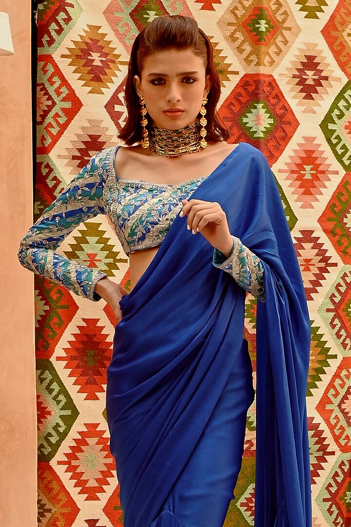 Cobalt Blue Silk Blend Draped Wedding Saree Set by Pallavi Jaipur at Pernia's Pop Up Shop