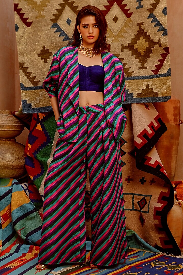 Multi-Colored Silk Blend Leheriya Printed Jacket Set by Pallavi Jaipur