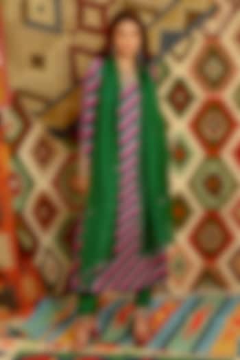 Multi-Colored Silk Blend Leheriya Printed & Gota Patti Embroidered Kurta Set by Pallavi Jaipur
