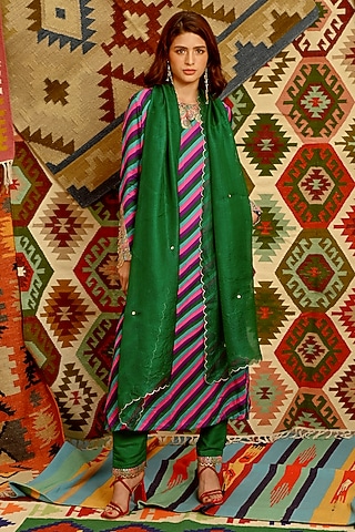 Multi-Colored Silk Blend Leheriya Printed & Gota Patti Embroidered Kurta Set by Pallavi Jaipur