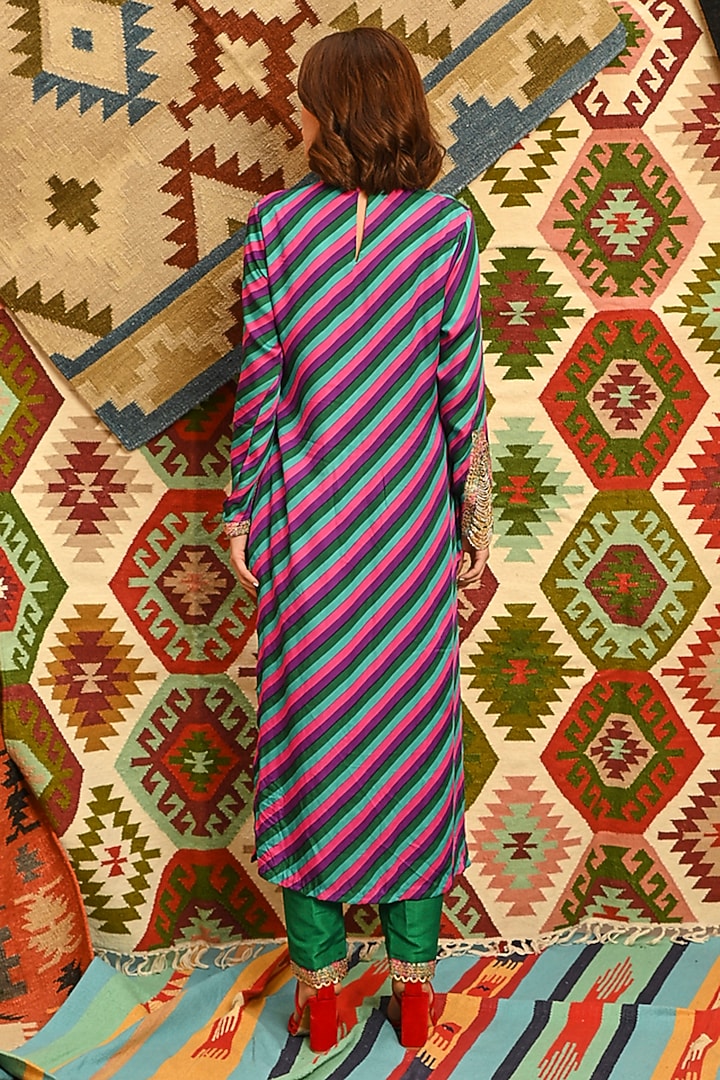 Multi-Colored Silk Blend Leheriya Printed & Gota Patti Embroidered Kurta Set by Pallavi Jaipur at Pernia's Pop Up Shop
