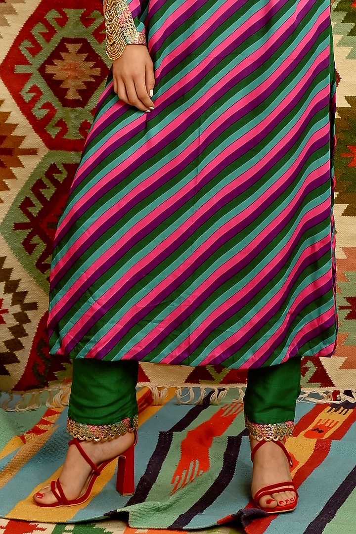 Multi-Colored Silk Blend Leheriya Printed & Gota Patti Embroidered Kurta Set by Pallavi Jaipur at Pernia's Pop Up Shop