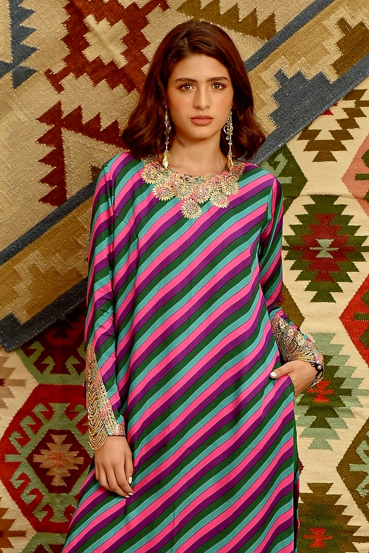 Multi-Colored Silk Blend Leheriya Printed & Gota Patti Embroidered Kurta Set by Pallavi Jaipur at Pernia's Pop Up Shop