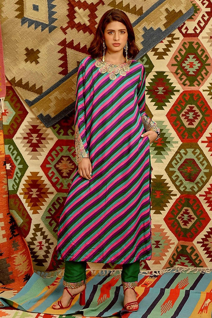 Multi-Colored Silk Blend Leheriya Printed & Gota Patti Embroidered Kurta Set by Pallavi Jaipur at Pernia's Pop Up Shop