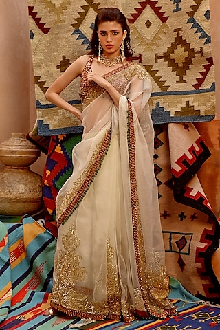 Fawn Organza Katori Embroidered Saree Set by Pallavi Jaipur