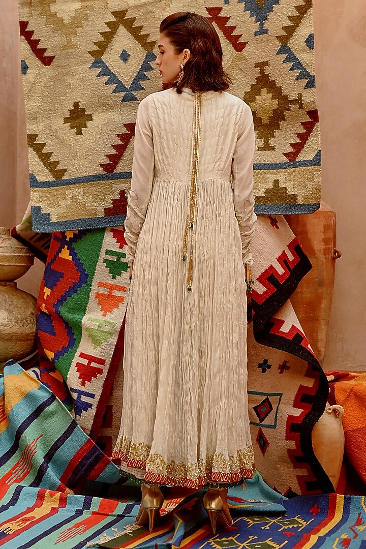 Fawn Tussar Silk & Chanderi Katori Work Crushed Wedding Anarkali Set by Pallavi Jaipur at Pernia's Pop Up Shop