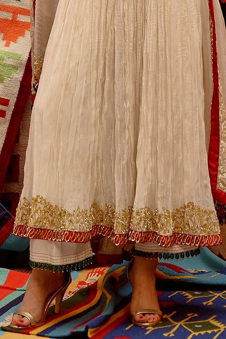 Fawn Tussar Silk & Chanderi Katori Work Crushed Wedding Anarkali Set by Pallavi Jaipur at Pernia's Pop Up Shop