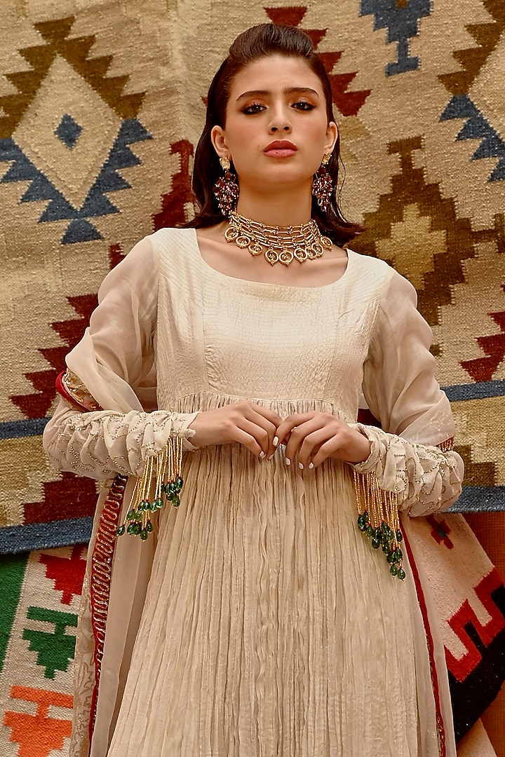 Fawn Tussar Silk & Chanderi Katori Work Crushed Wedding Anarkali Set by Pallavi Jaipur at Pernia's Pop Up Shop