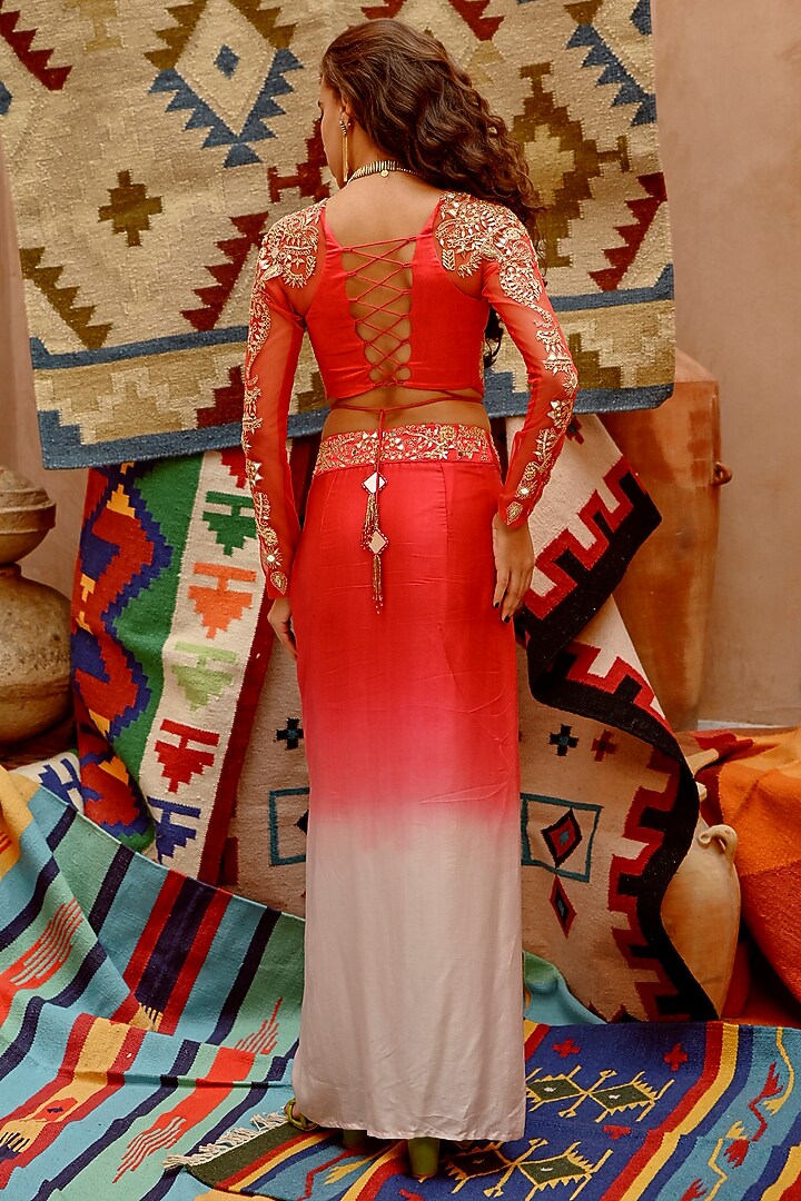 Hot Red Stretch Satin Ombre Skirt Set by Pallavi Jaipur at Pernia's Pop Up Shop
