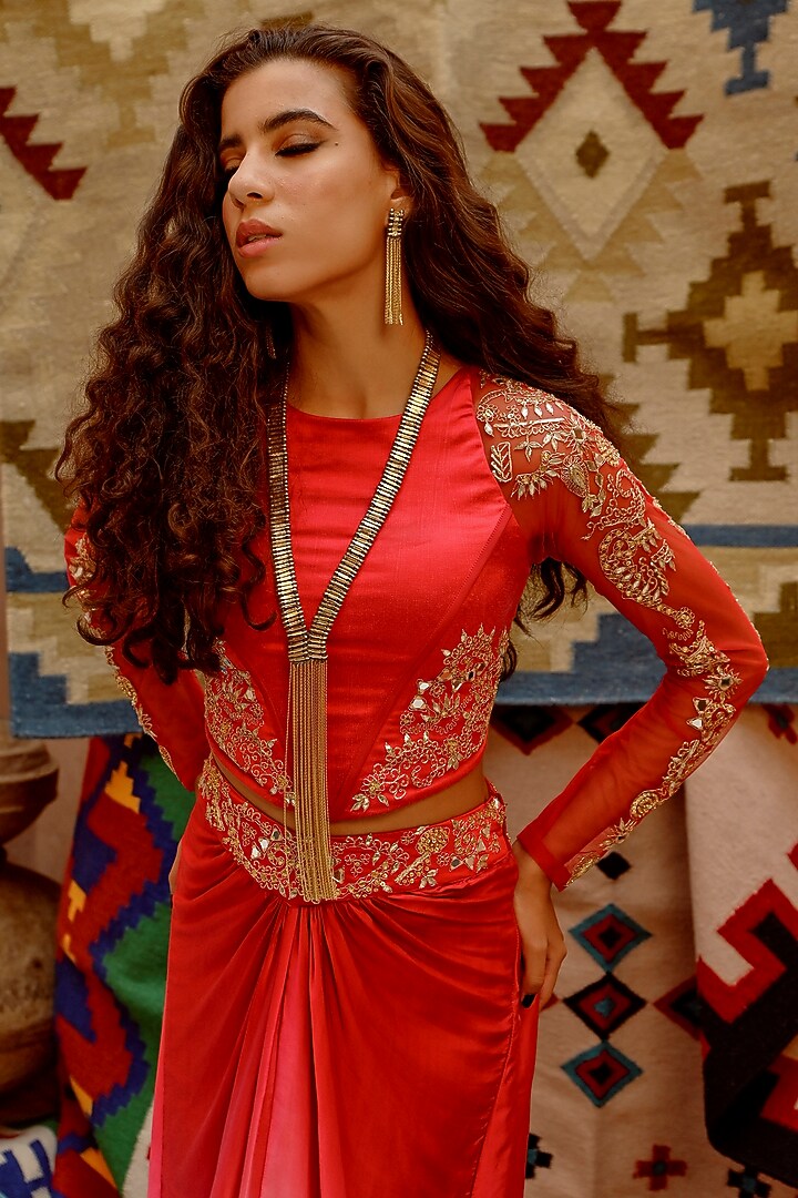 Hot Red Stretch Satin Ombre Skirt Set by Pallavi Jaipur at Pernia's Pop Up Shop