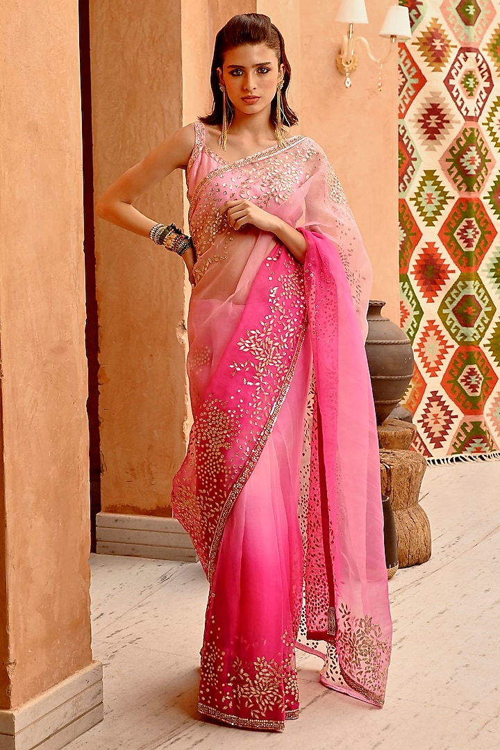 Rose Pink Ombre Organza Gota Patti Embroidered Saree Set by Pallavi Jaipur