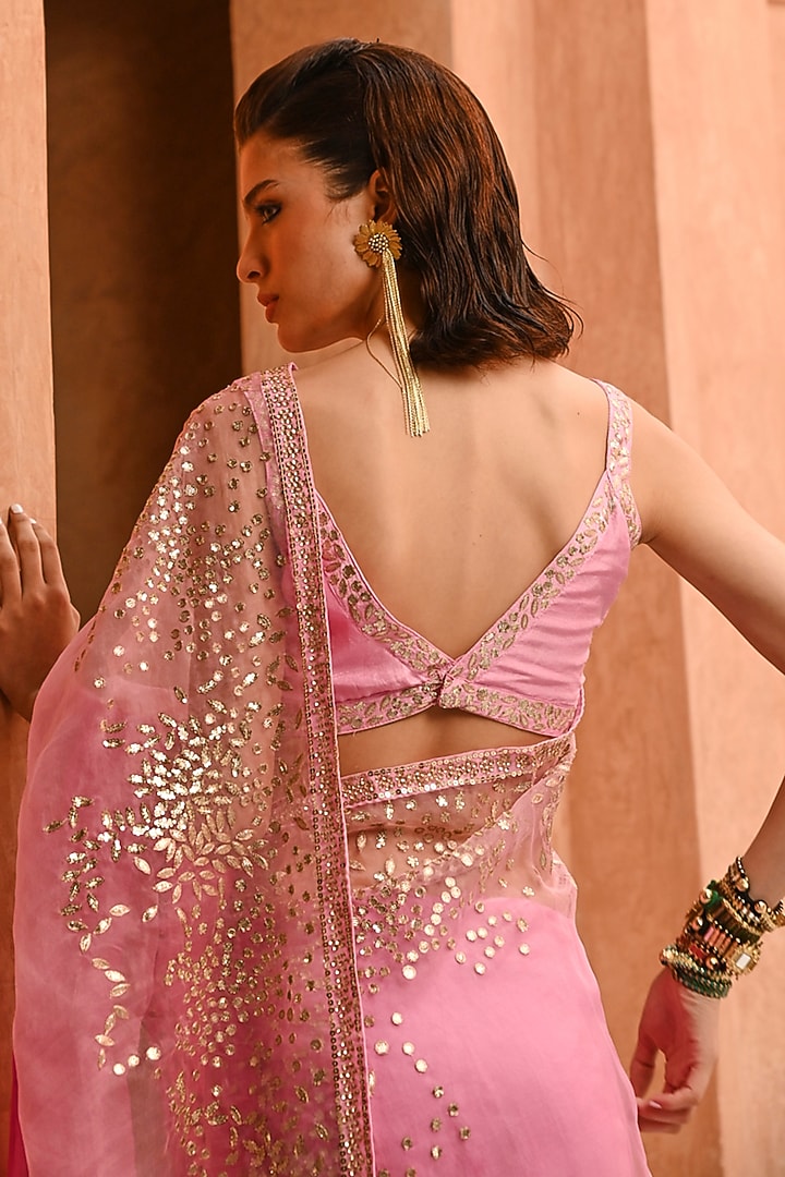 Rose Pink Ombre Organza Gota Patti Embroidered Reception Saree Set by Pallavi Jaipur at Pernia's Pop Up Shop
