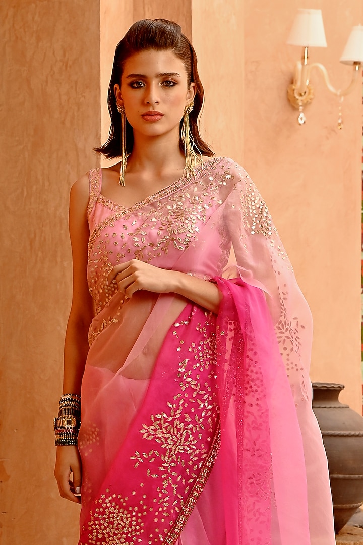 Rose Pink Ombre Organza Gota Patti Embroidered Reception Saree Set by Pallavi Jaipur at Pernia's Pop Up Shop