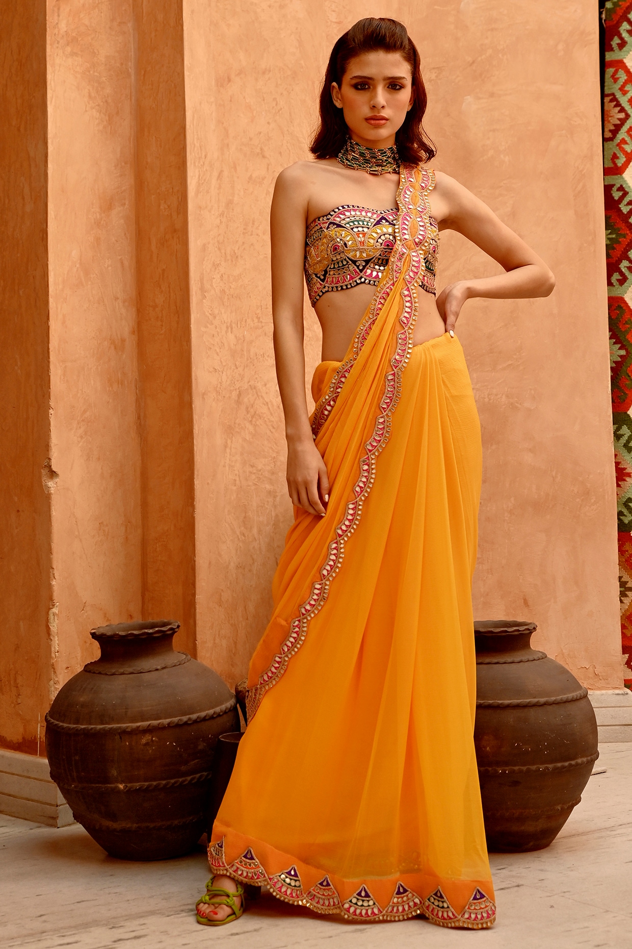 Yellow and orange half and half Kota doria saree with maroon threadwor