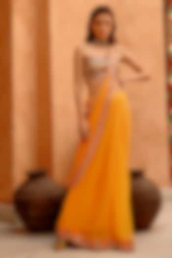 Mango Yellow Chiffon Gota Patti Embroidered Pre-Stitched Saree Set by Pallavi Jaipur