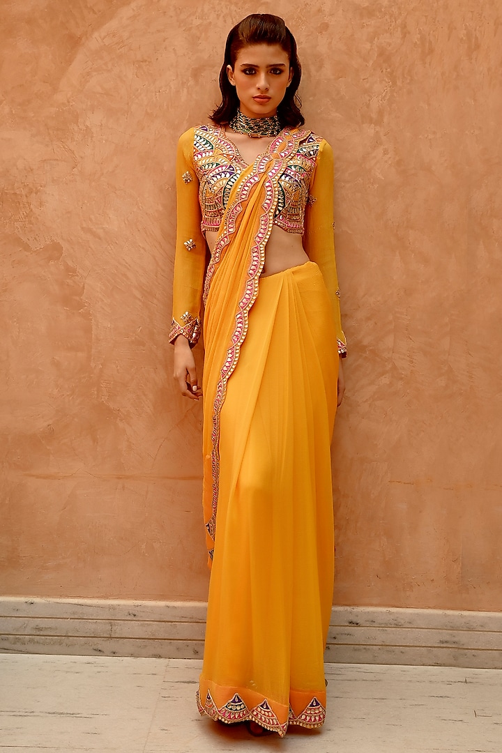 Mango Yellow Chiffon Gota Patti Embroidered Pre-Stitched Saree Set by Pallavi Jaipur