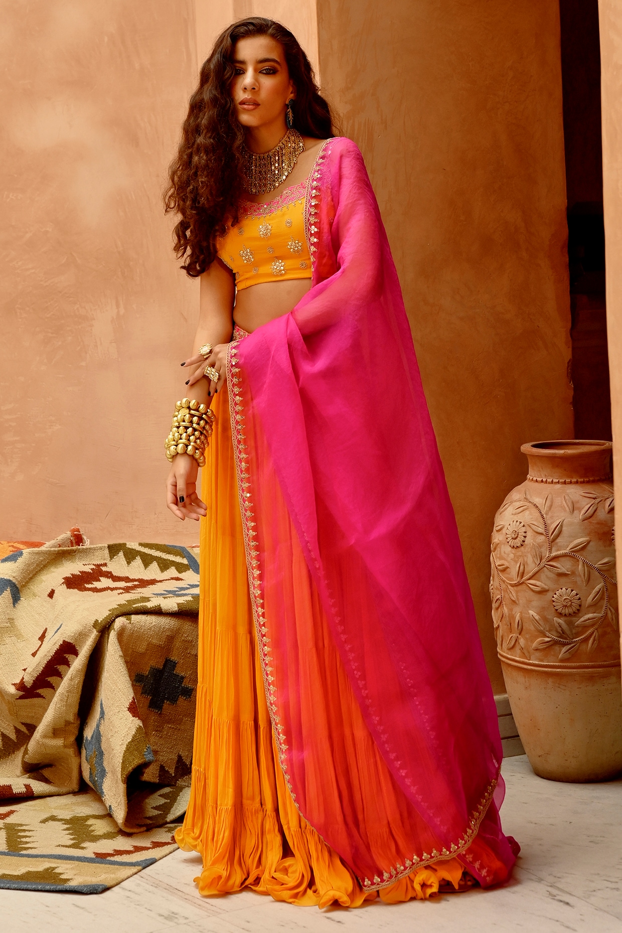 Yellow and Pink Heavy Embroidered Designer Lehenga - Vega Fashion - 3555936