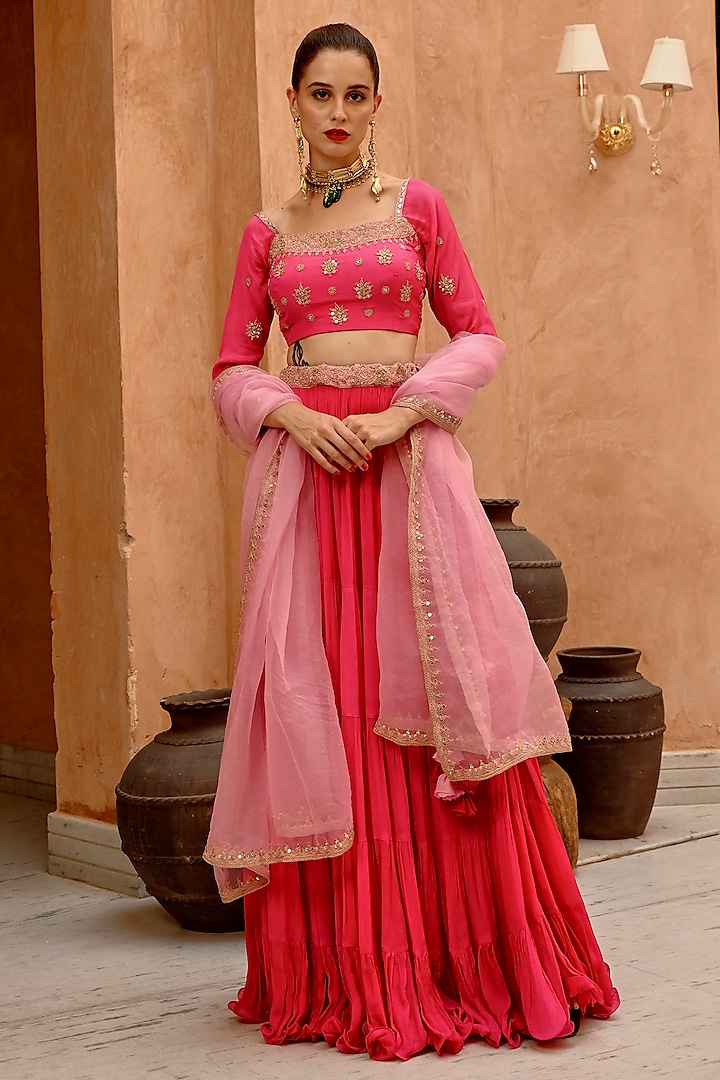 Hot Pink Wrinkle Crepe Marodi Sitara Embroidered Tiered Lehenga Set by Pallavi Jaipur