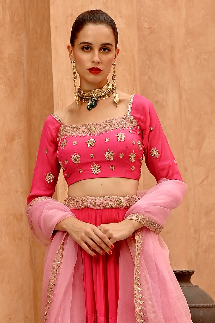 Hot Pink Wrinkle Crepe Marodi Sitara Embroidered Tiered Wedding Lehenga Set by Pallavi Jaipur at Pernia's Pop Up Shop