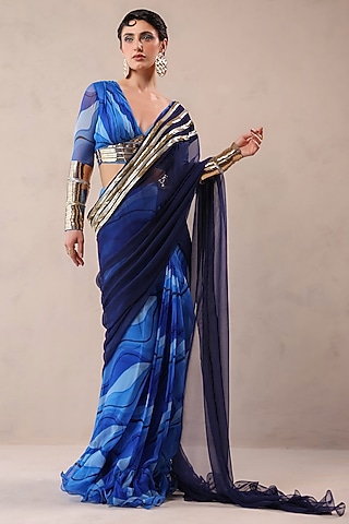 Atlantic Blue Chiffon Lehar Printed Pre-Pleated Saree Set by Pallavi Jaipur