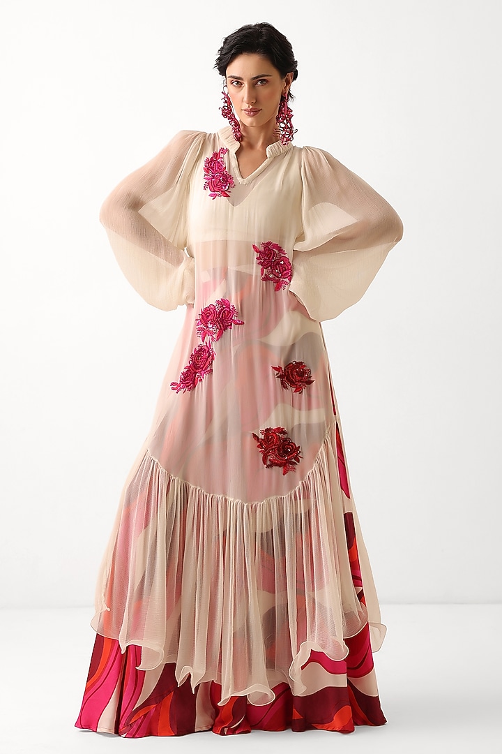 Ivory Chiffon Resham Embroidered Tiered Kurta Set by Pallavi Jaipur at Pernia's Pop Up Shop