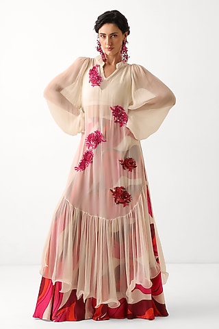 Ivory Chiffon Resham Embroidered Tiered Kurta Set by Pallavi Jaipur