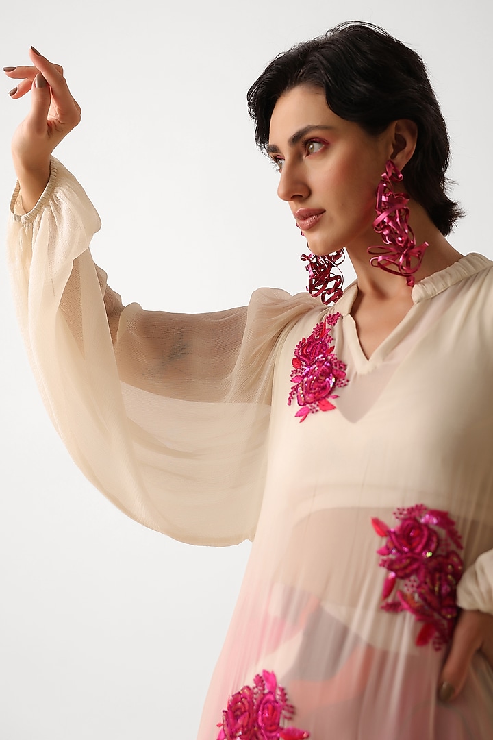 Ivory Chiffon Resham Embroidered Tiered Kurta Set by Pallavi Jaipur at Pernia's Pop Up Shop
