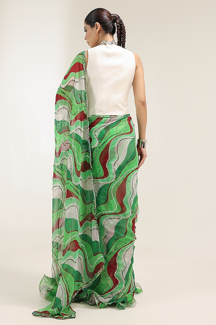 Pacific Green Chiffon Lehar Printed Pre-Pleated Wedding Saree Set by Pallavi Jaipur at Pernia's Pop Up Shop
