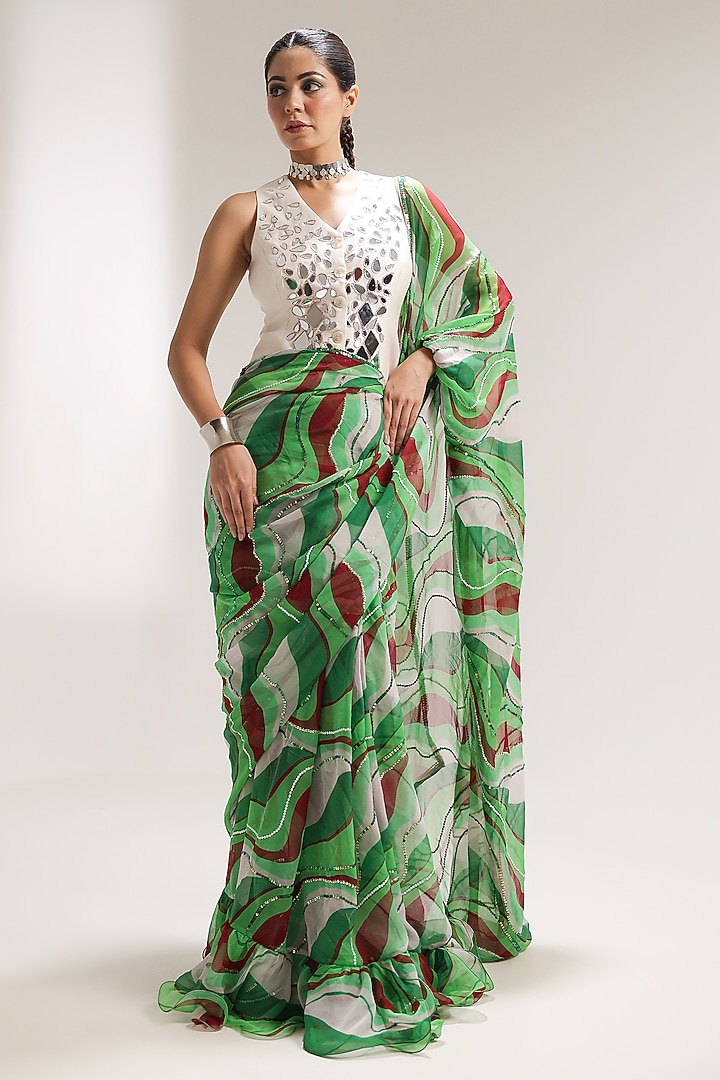 Pacific Green Chiffon Lehar Printed Pre-Pleated Wedding Saree Set by Pallavi Jaipur at Pernia's Pop Up Shop