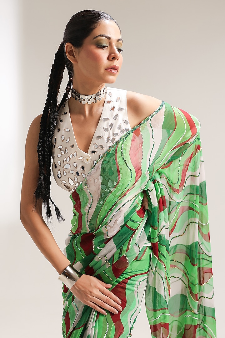 Pacific Green Chiffon Lehar Printed Pre-Pleated Wedding Saree Set by Pallavi Jaipur at Pernia's Pop Up Shop