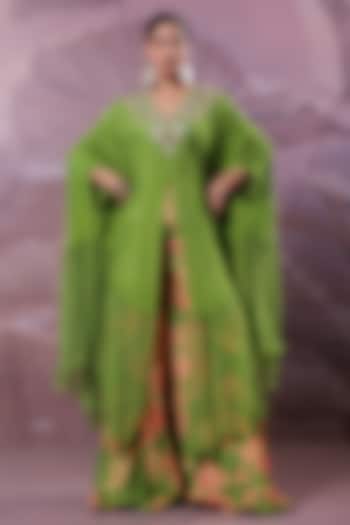 Avocado Green Summer Silk Tiered Kaftan Set by Pallavi Jaipur at Pernia's Pop Up Shop