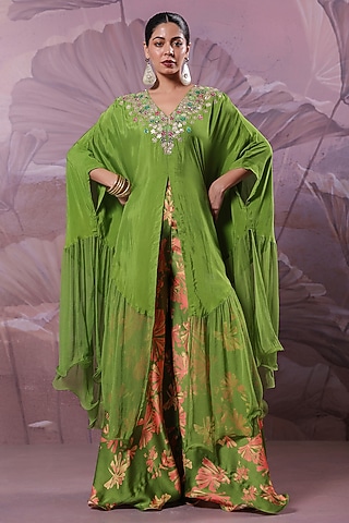 Avocado Green Summer Silk Tiered Kaftan Set by Pallavi Jaipur