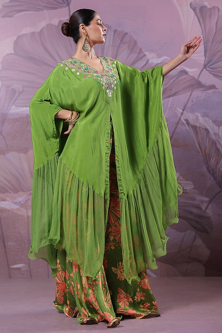 Avocado Green Summer Silk Tiered Kaftan Set by Pallavi Jaipur at Pernia's Pop Up Shop