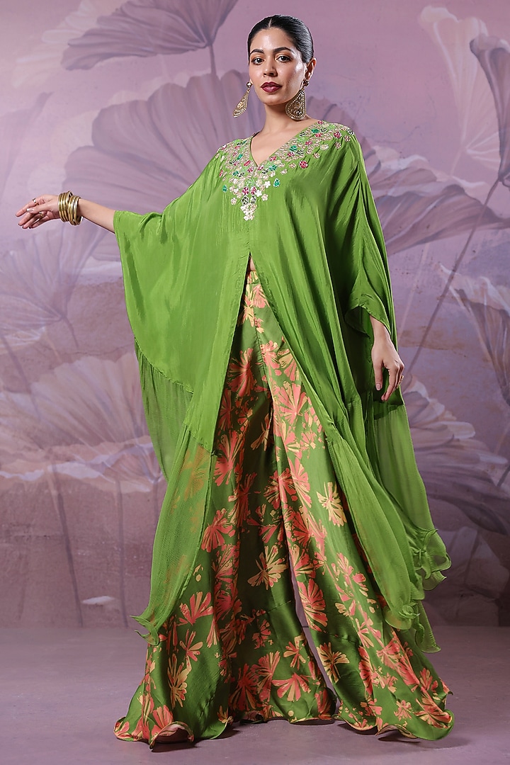 Avocado Green Summer Silk Tiered Kaftan Set by Pallavi Jaipur at Pernia's Pop Up Shop