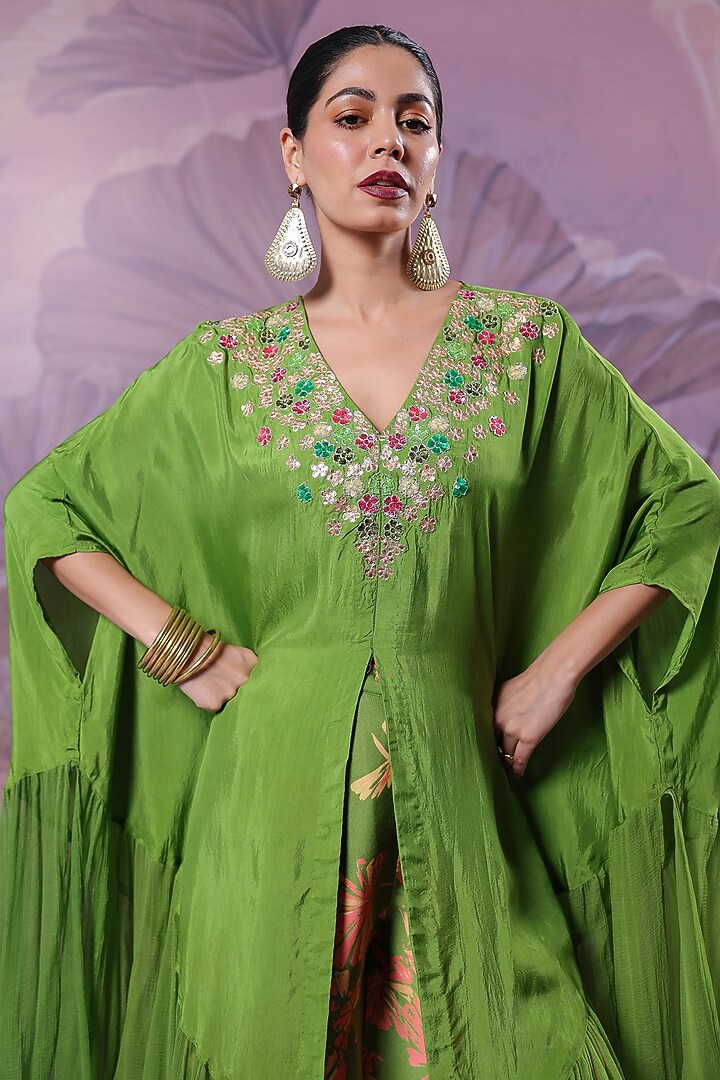 Avocado Green Summer Silk Tiered Kaftan Set by Pallavi Jaipur at Pernia's Pop Up Shop