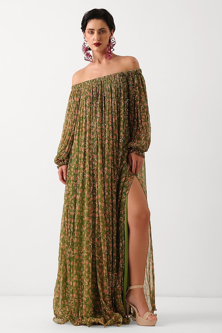 Avocado Green Chiffon Printed Maxi Vacation Dress With Belt by Pallavi Jaipur at Pernia's Pop Up Shop