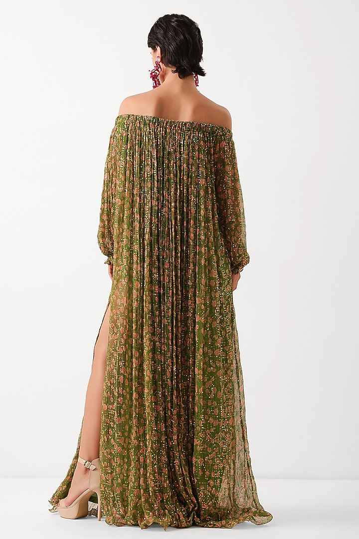 Avocado Green Chiffon Printed Maxi Vacation Dress With Belt by Pallavi Jaipur at Pernia's Pop Up Shop