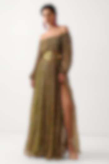 Avocado Green Chiffon Printed Maxi Vacation Dress With Belt by Pallavi Jaipur at Pernia's Pop Up Shop