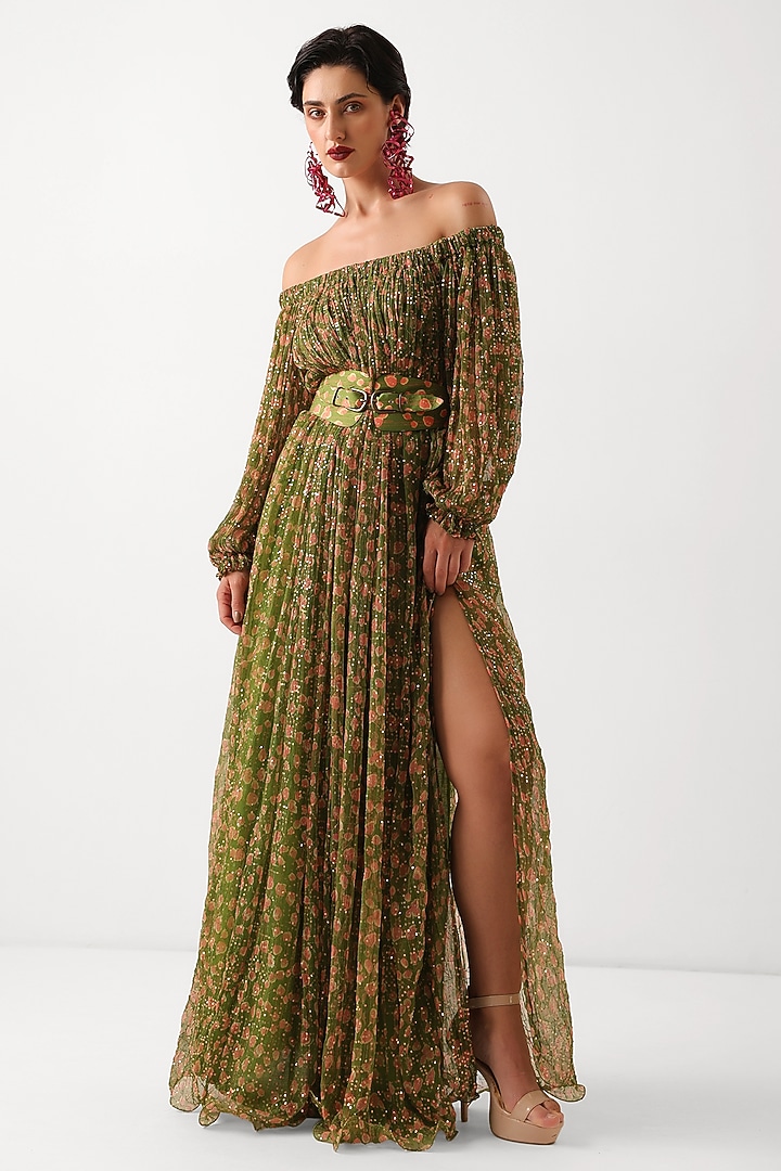 Avocado Green Chiffon Printed Maxi Vacation Dress With Belt by Pallavi Jaipur at Pernia's Pop Up Shop